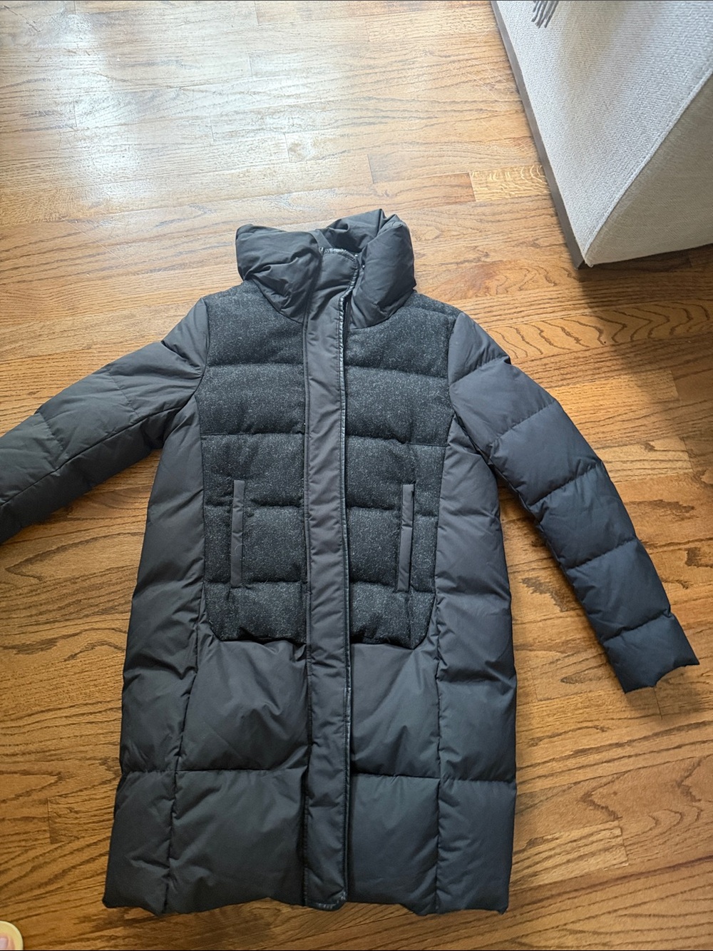 Women's Black Long Puffer Coat with Quilted Front Panel